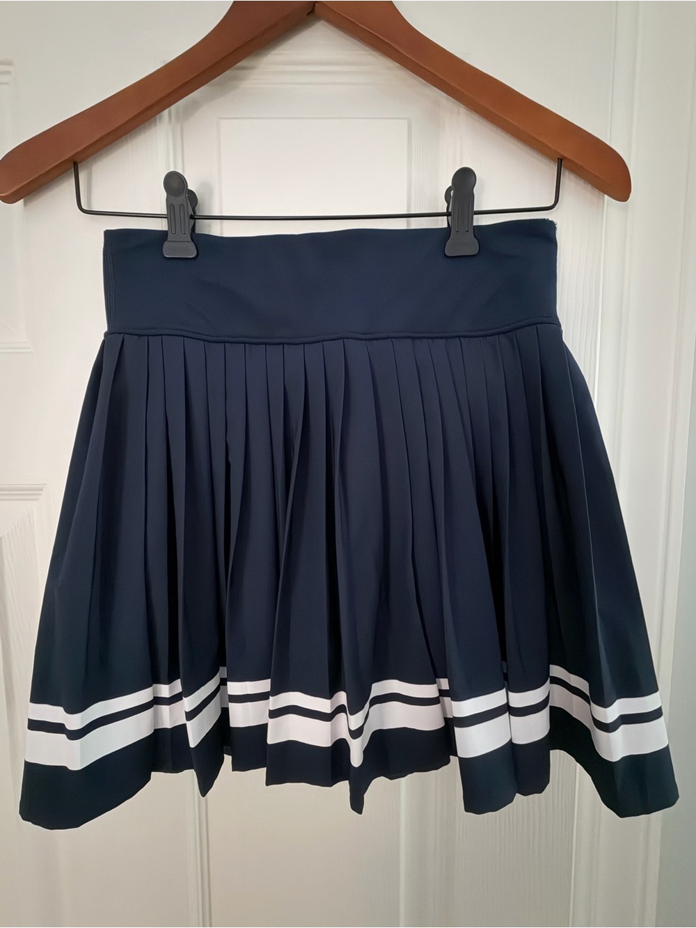 Pleated High Rise Navy Skirt with White Stripe Trim XS